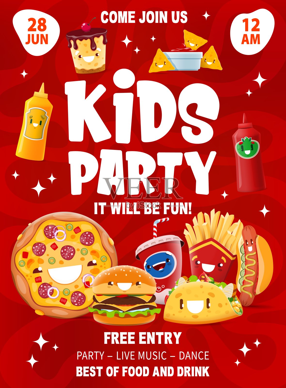 儿童派对传单，有趣的卡通外卖快餐插画图片素材