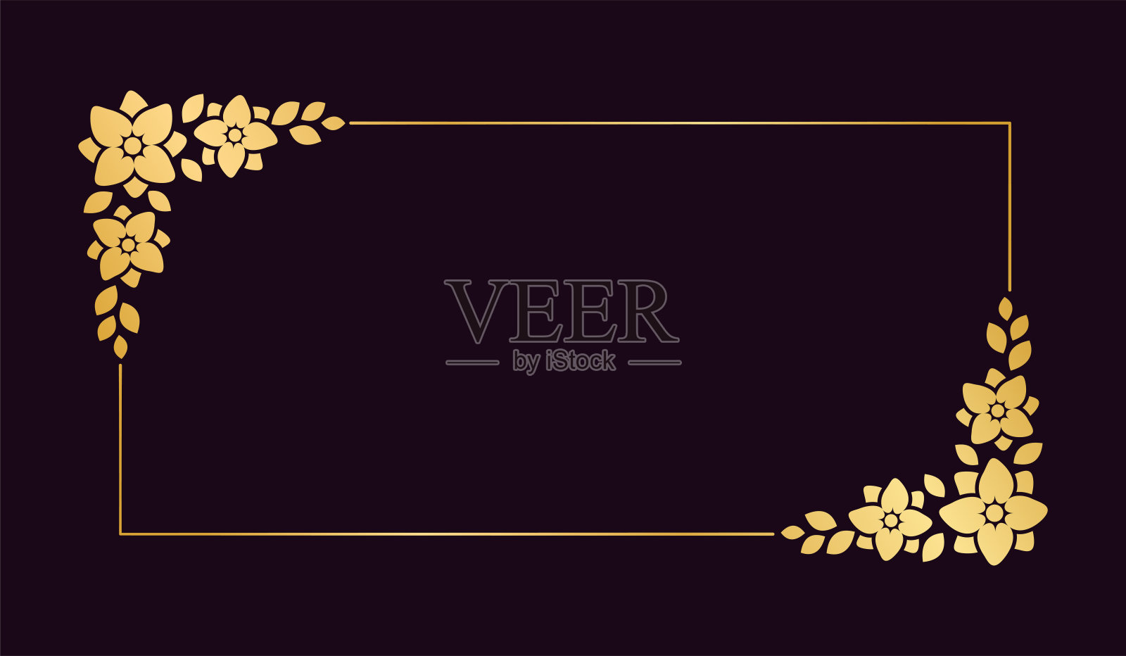 矩形金花框架模板。豪华金框边框的邀请，婚礼，证书。矢量艺术与花和叶子。插画图片素材