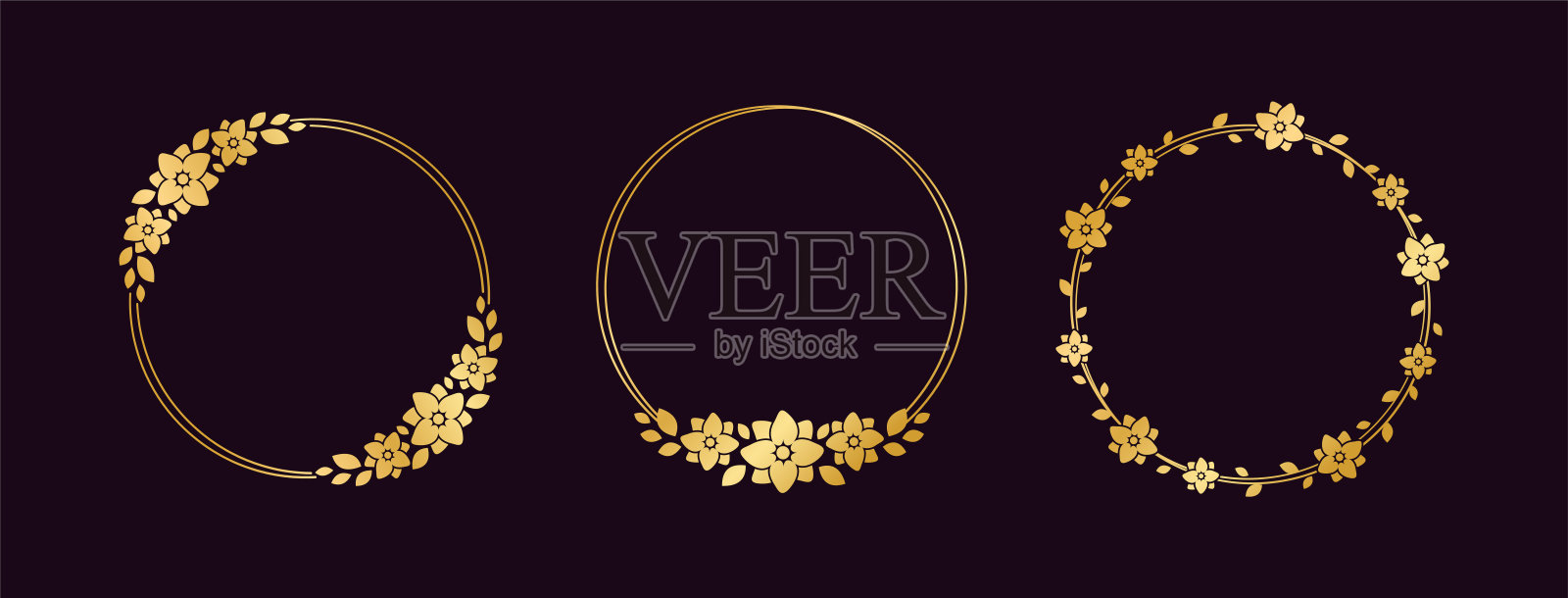 圆金花框架集。豪华金框边框的邀请，婚礼，证书。矢量艺术与花和叶子。插画图片素材
