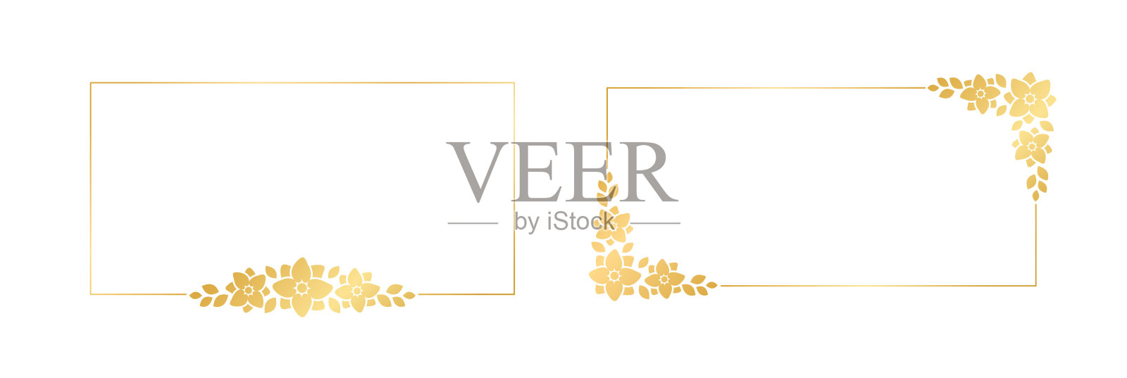 矩形金花框架集。豪华金色镶边，用于请柬，卡片，婚礼，证书。矢量艺术与花和叶子。插画图片素材