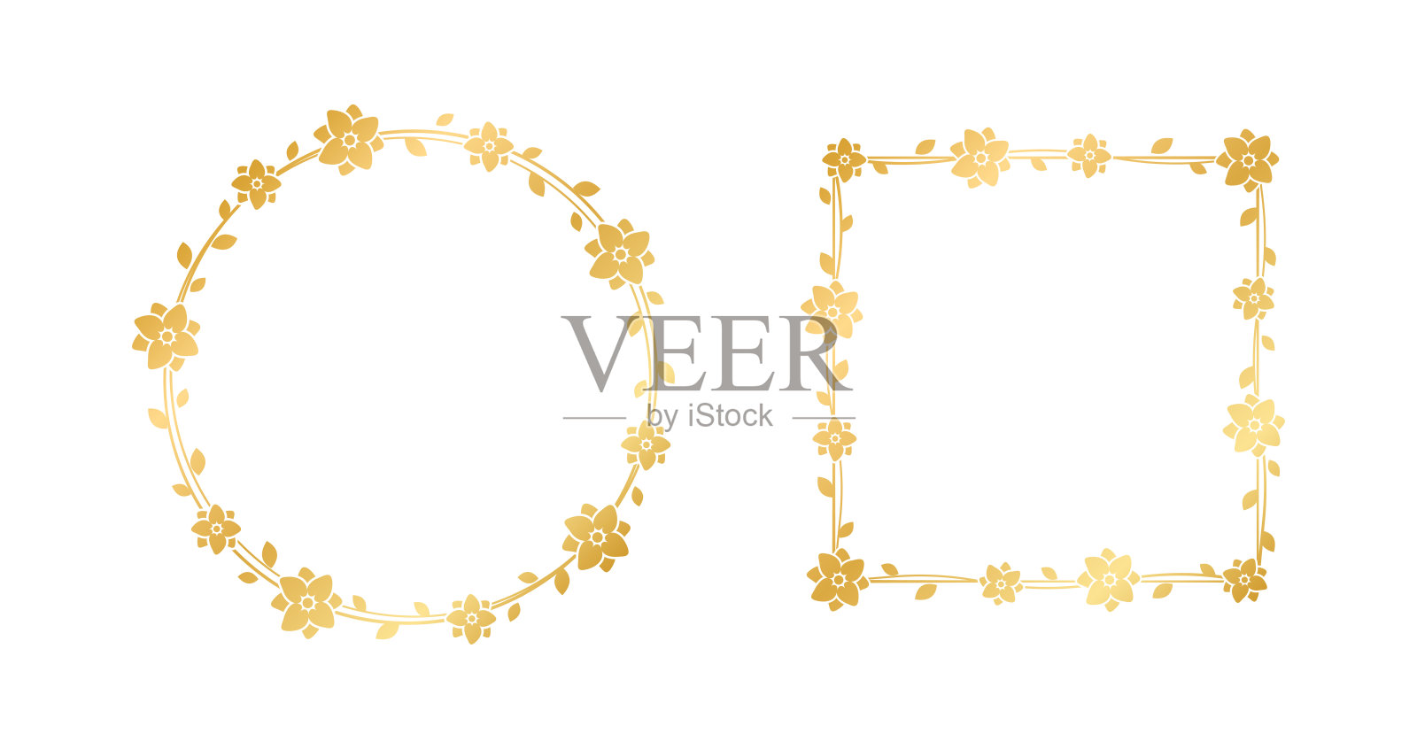 黄金几何花卉框架模板集。豪华金框边框的邀请，婚礼，证书。矢量艺术与花和叶子。插画图片素材