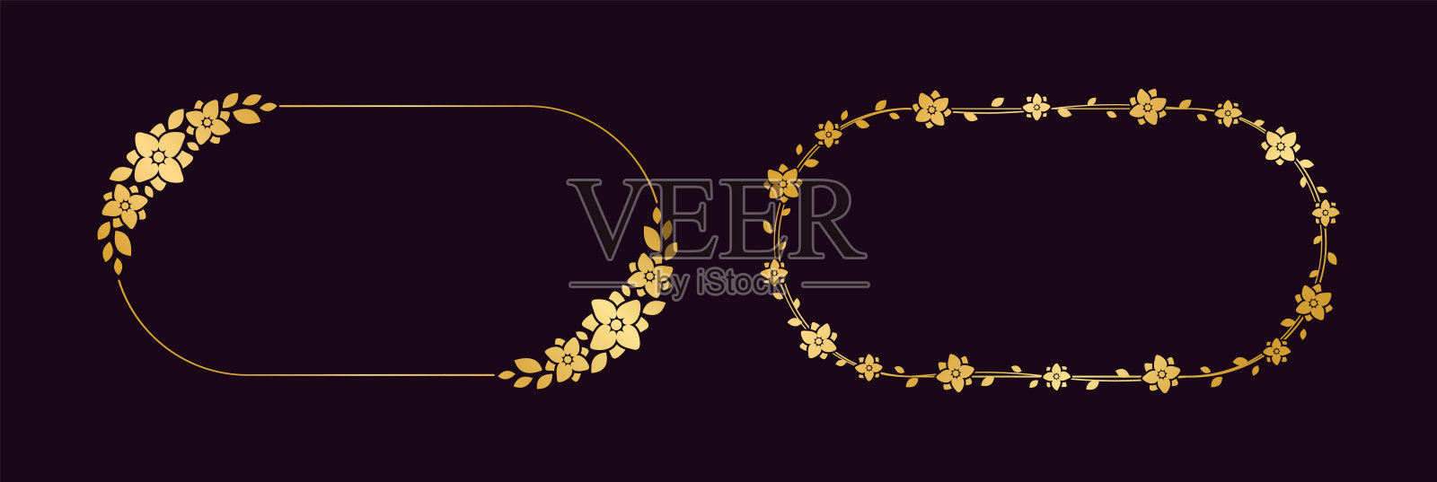 黄金椭圆形花框架集。豪华金框边框的邀请，婚礼，证书。矢量艺术与花和叶子。插画图片素材