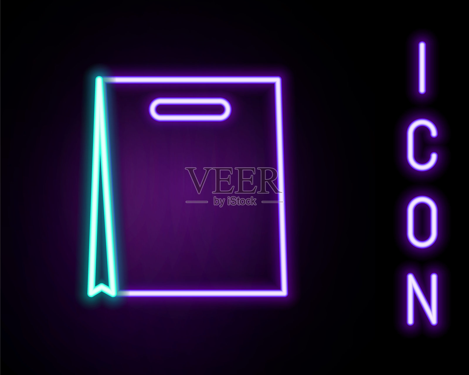 发光的霓虹线纸购物袋图标孤立的黑色背景。包的迹象。色彩缤纷的轮廓概念。向量插画图片素材