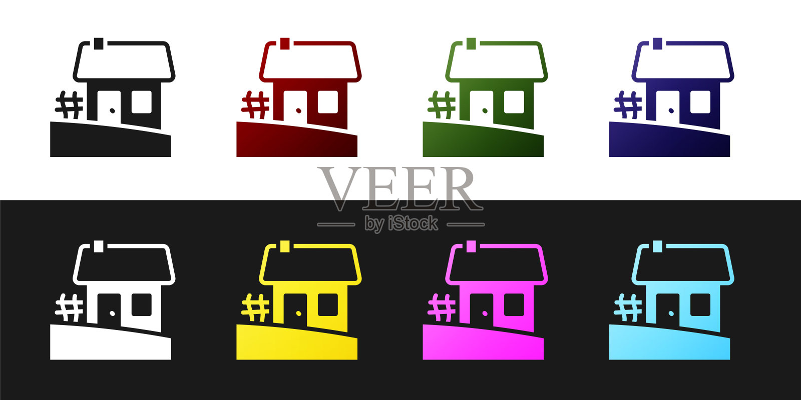 设置旧乌克兰房子小屋图标孤立的黑白背景。传统的乡村房屋。向量图标素材