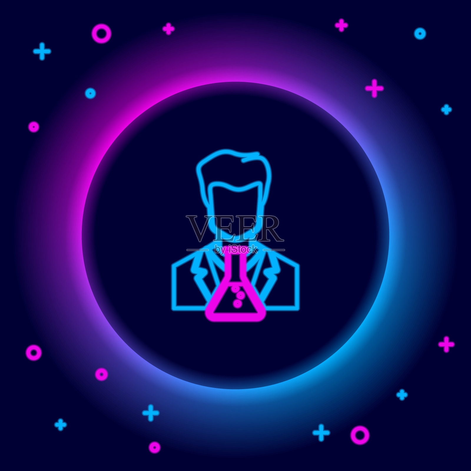 发光的霓虹灯线科学家和试管图标隔离在黑色背景。科学家化学家分析实验室烧瓶。色彩缤纷的轮廓概念。向量插画图片素材