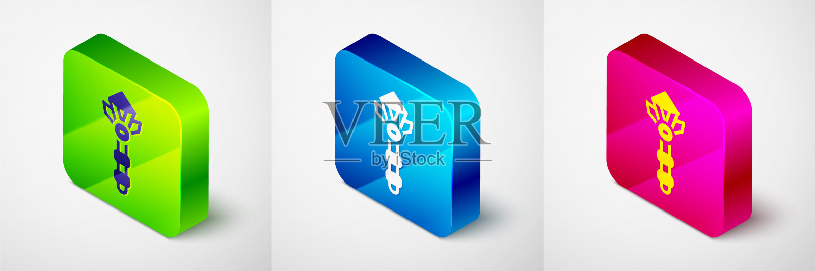 等距魔术棒图标隔离在灰色背景。星形魔法配件。神奇的力量。方形按钮。向量图标素材