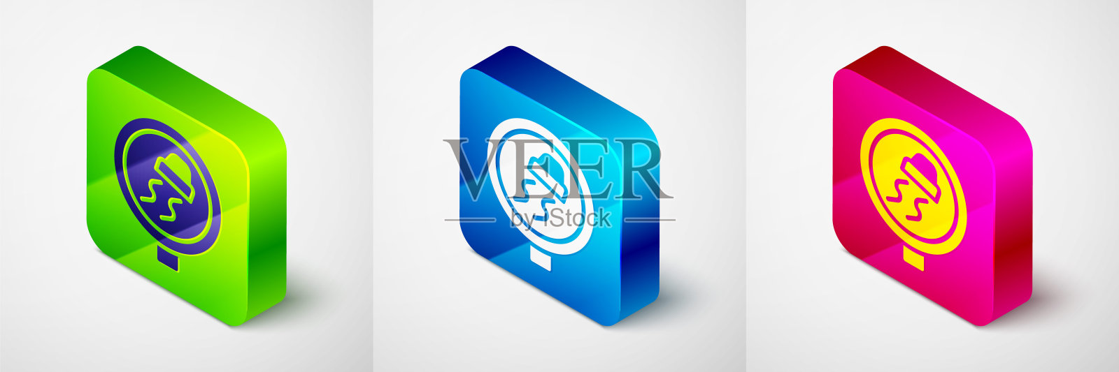 等距湿滑道路交通警告图标孤立在灰色背景上。交通规则，安全驾驶。方形按钮。向量图标素材