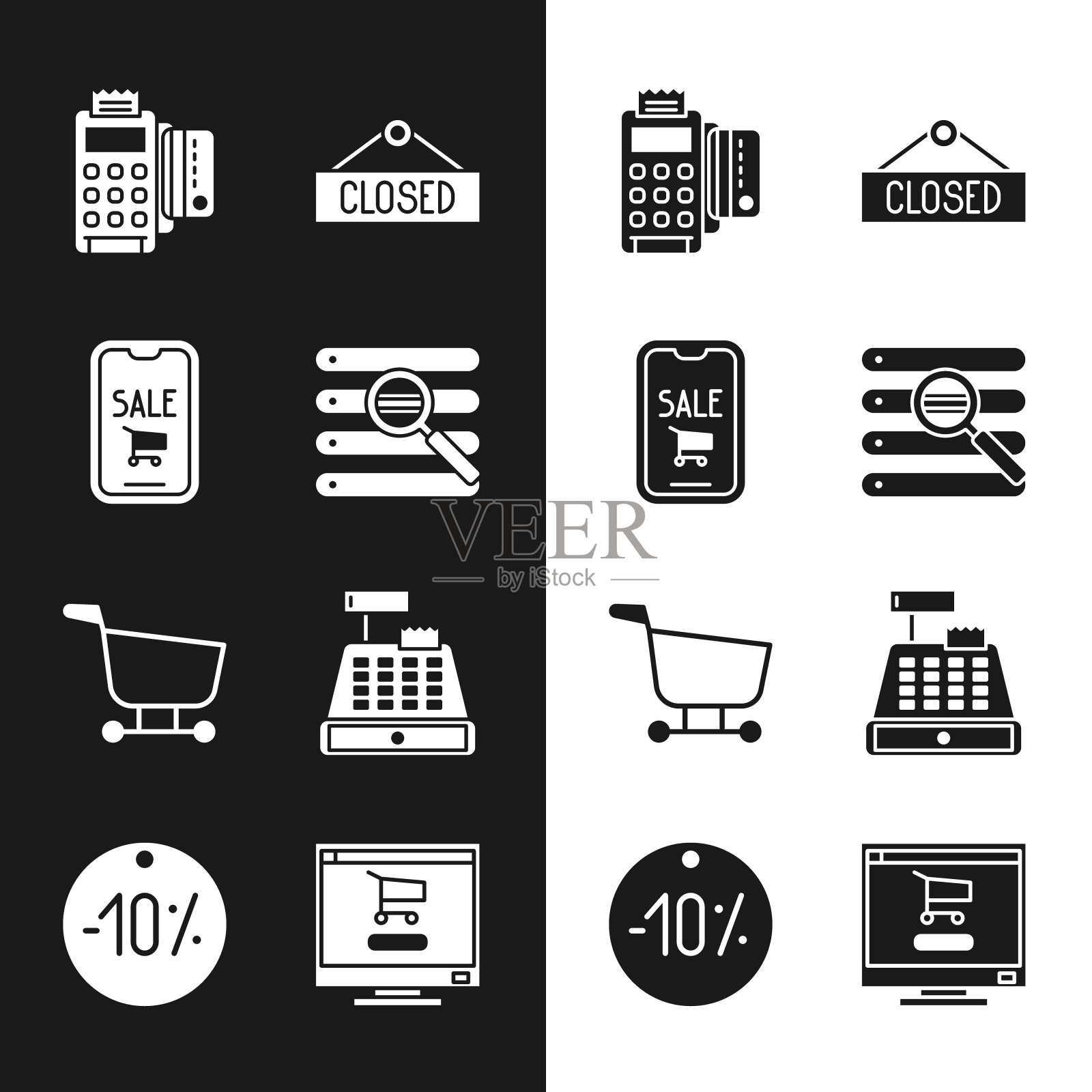 设置搜索在浏览器窗口，手机和购物车，POS终端与信用卡，挂标志关闭，购物，收银机，电脑和十折标签图标。向量图标素材