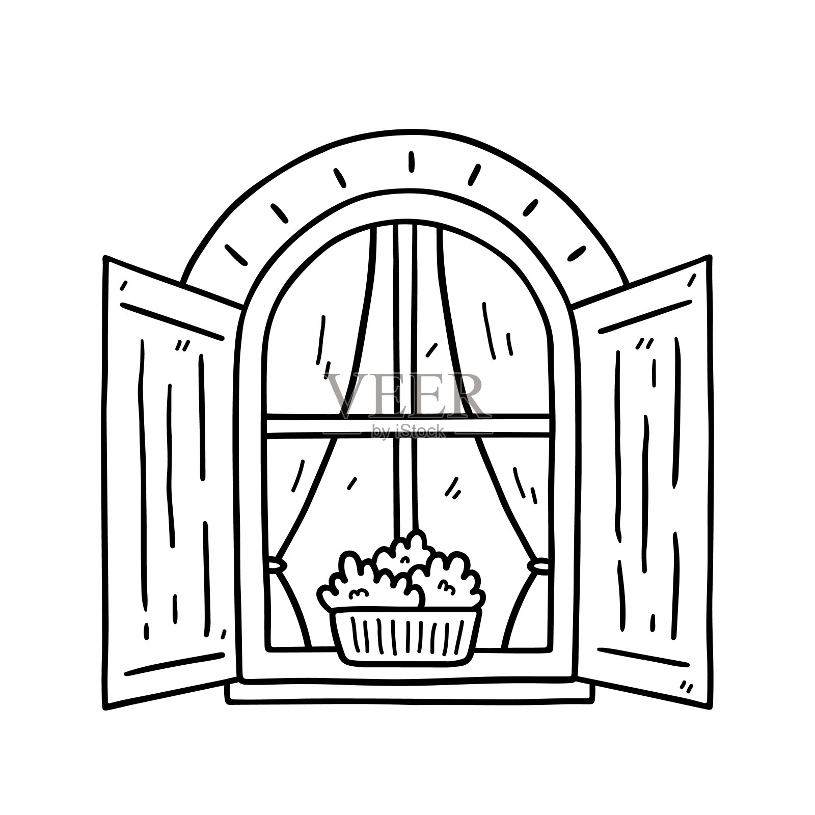 开着百叶窗的窗户和白色背景上孤立的植物矢量手绘涂鸦插图完美的装饰