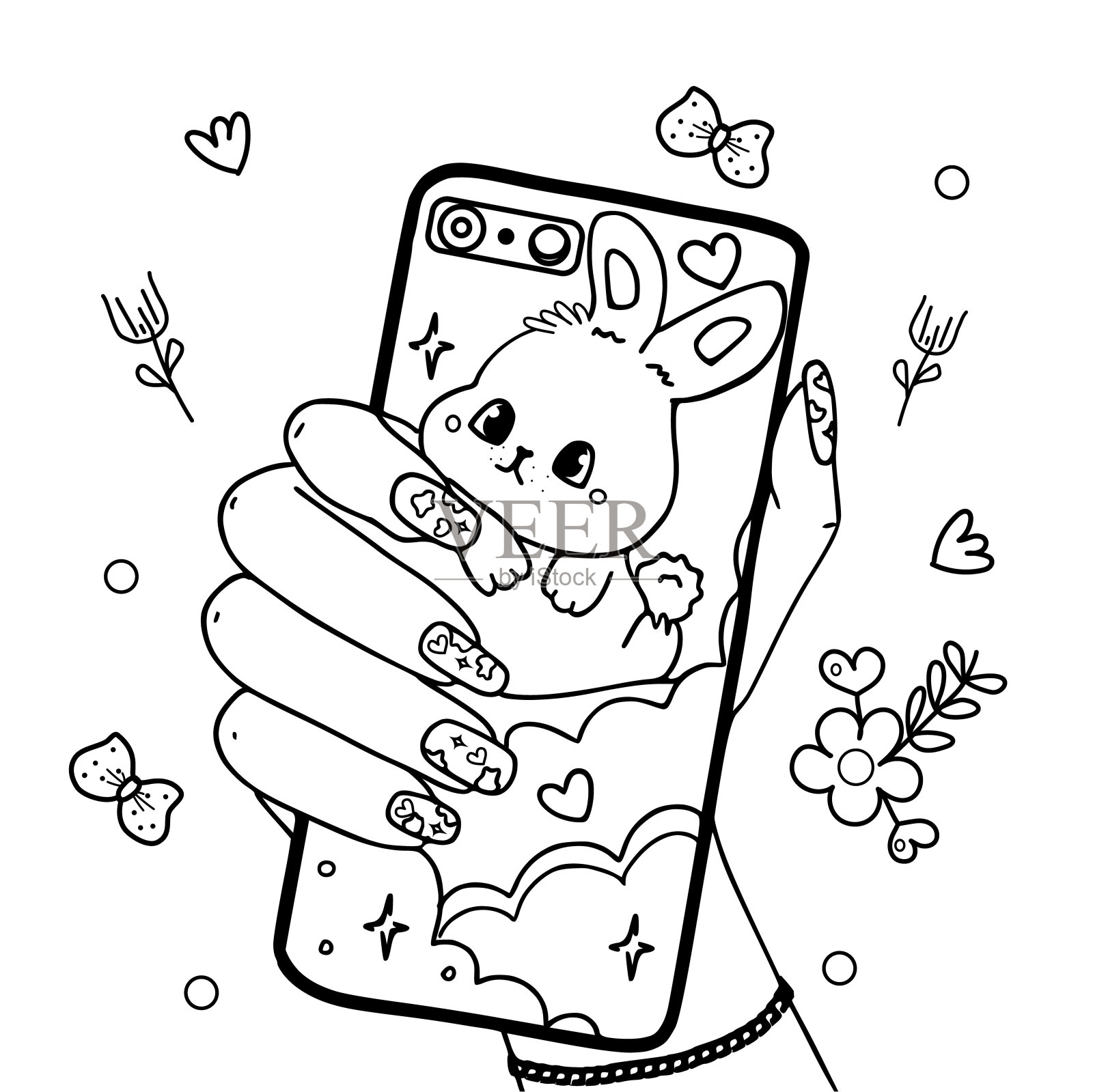 手里拿着手机，箱子里有只兔子插画图片素材