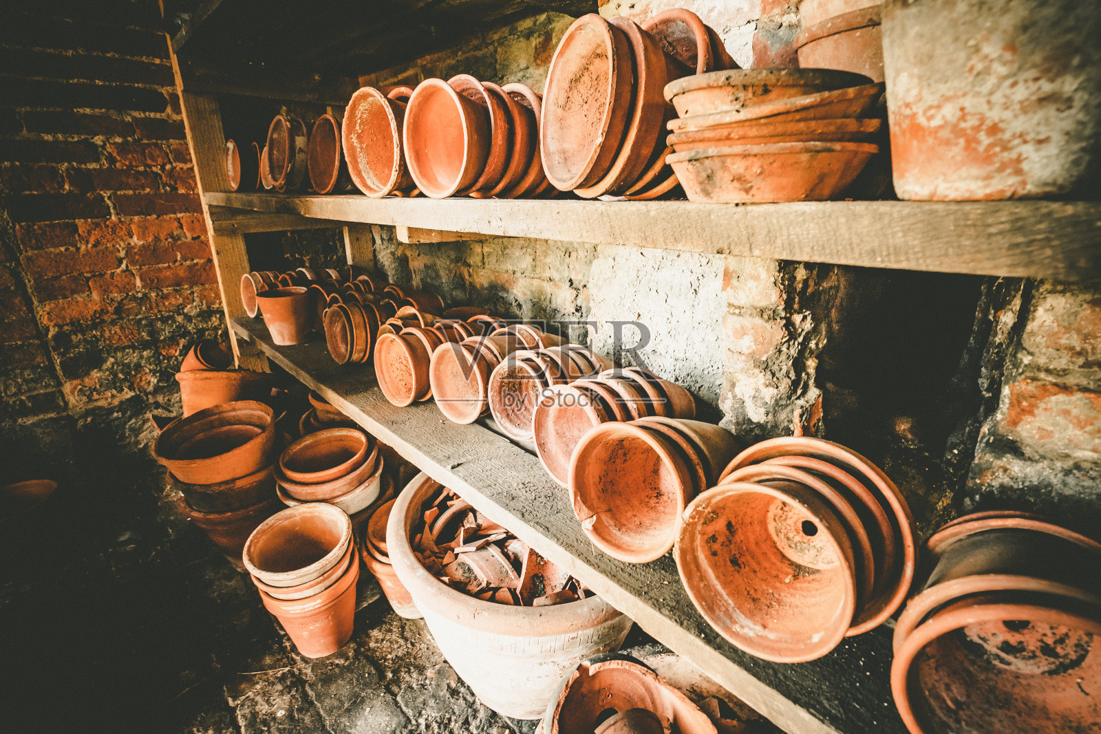 陶土花盆在园丁盆栽棚里照片摄影图片