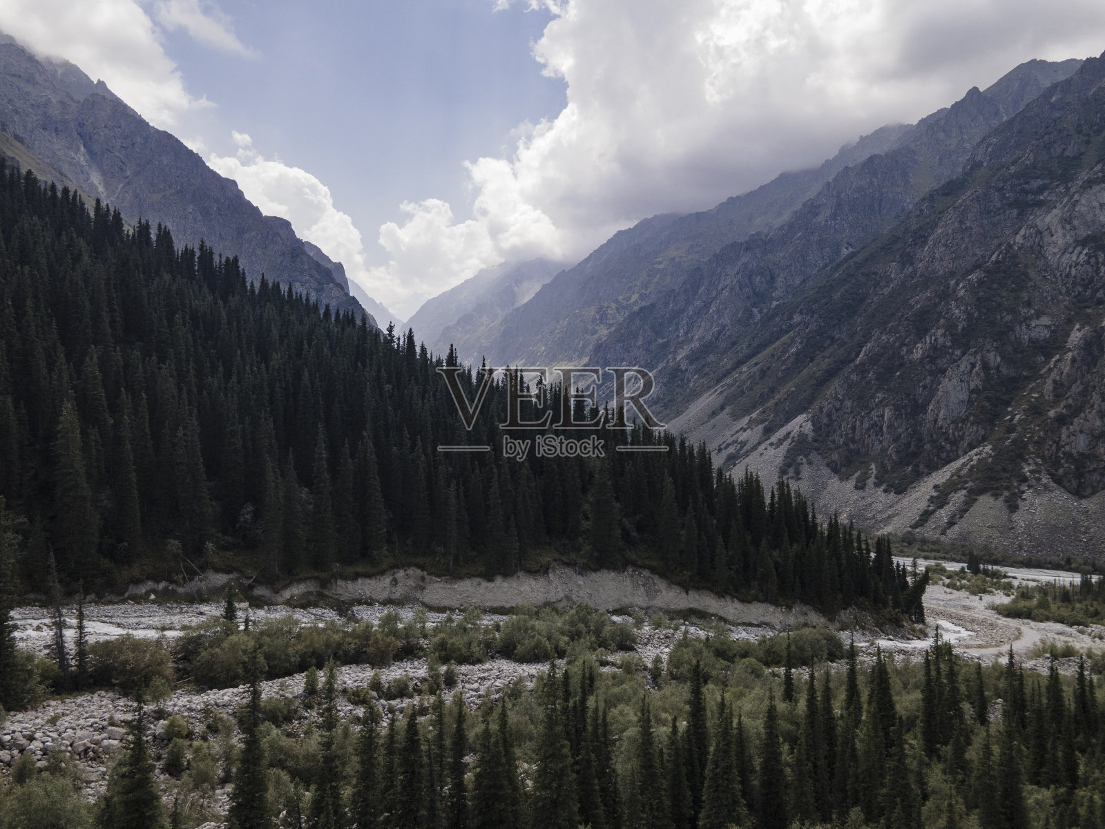 夏季吉尔吉斯斯坦的山脉、河流和森林照片摄影图片
