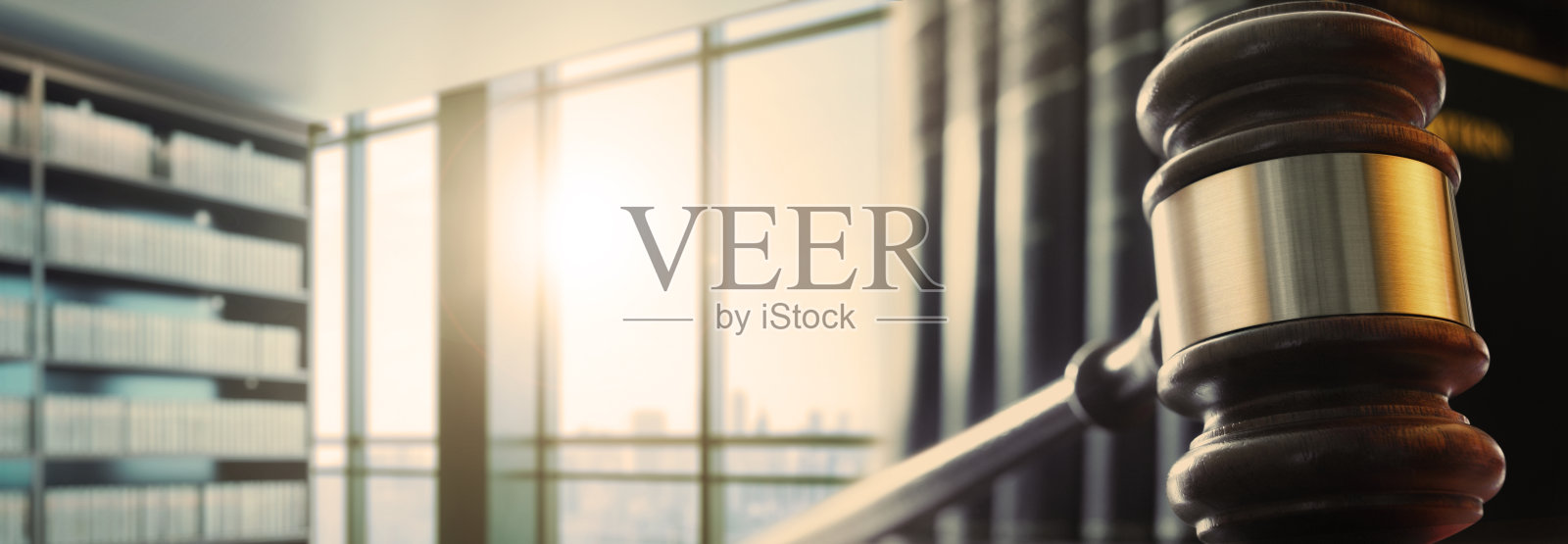 一排法律书籍前的木槌照片摄影图片