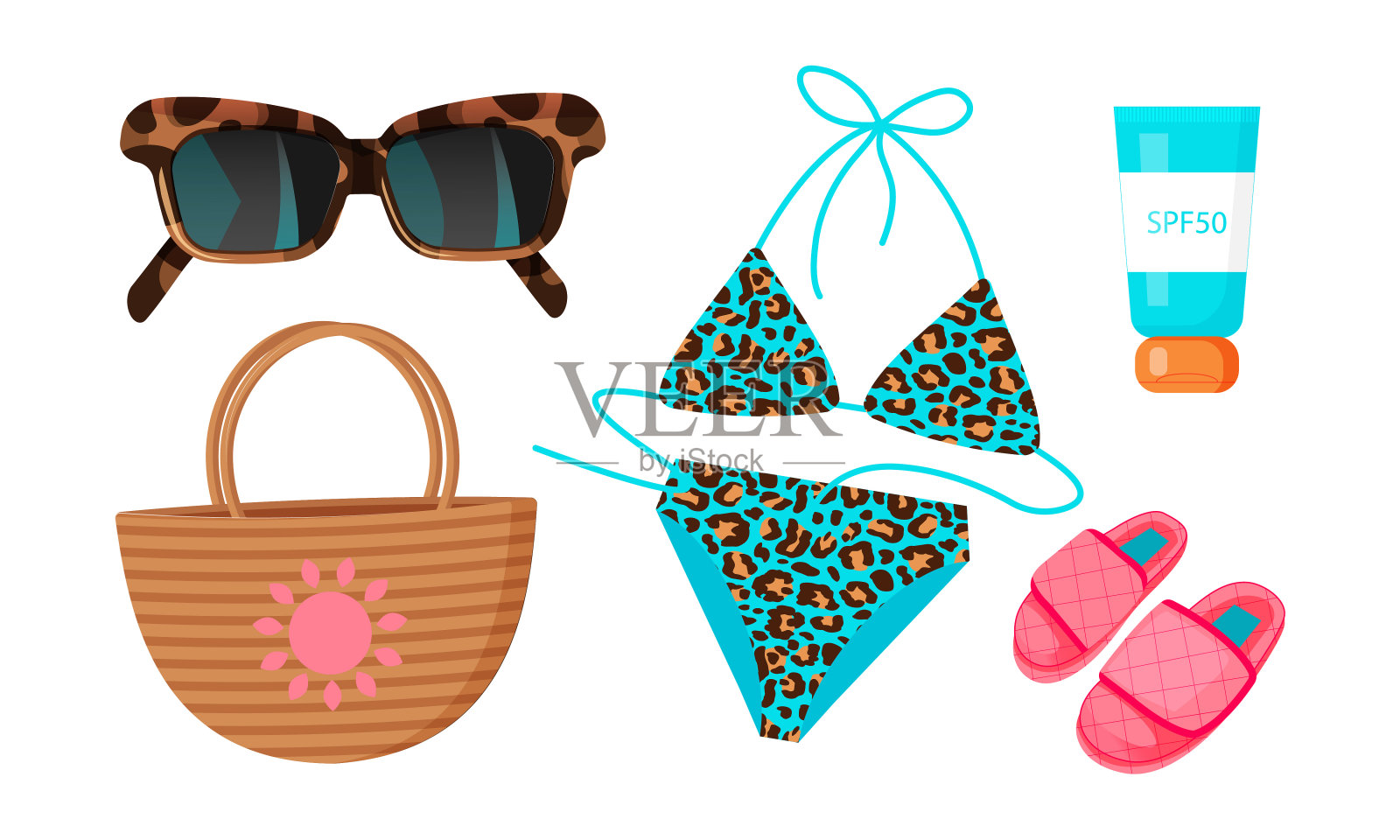 一套来自太阳的时尚配饰。夏天集。蓝色豹纹泳衣，太阳镜，粉色拖鞋和防晒霜。插画图片素材
