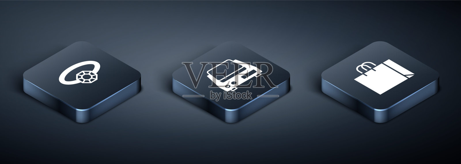 集等距钻石订婚戒指，购物袋珠宝和电子秤图标。向量图标素材