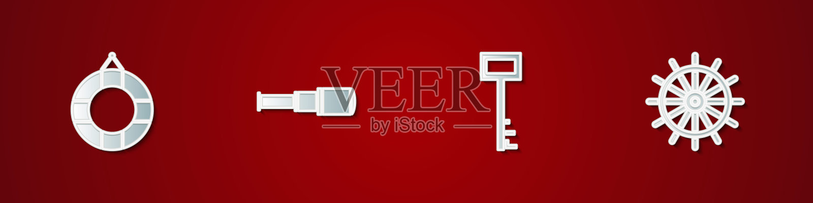 设置救生圈，望远镜镜头，海盗钥匙和船舶方向盘图标。向量插画图片素材