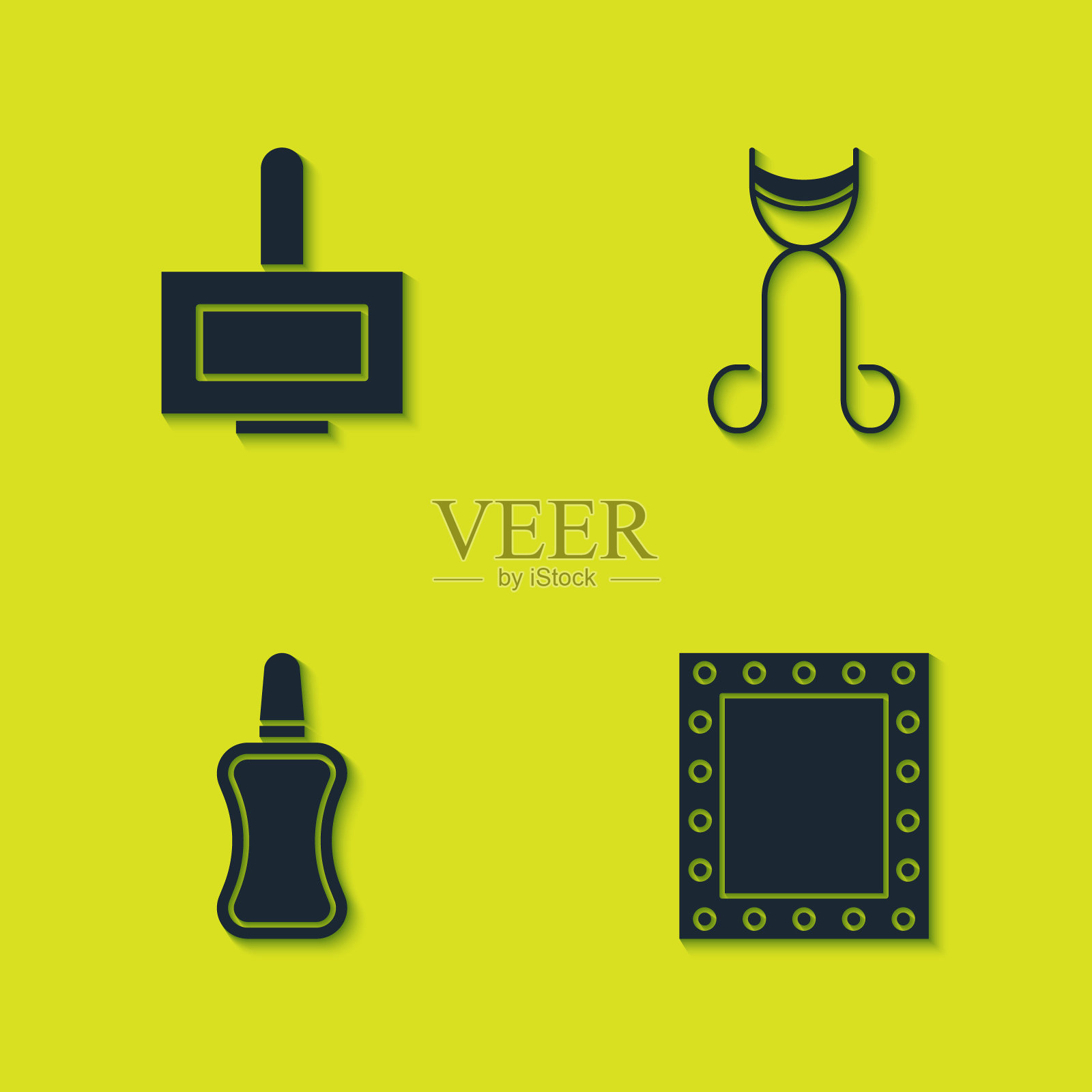 设置指甲油瓶，化妆镜与灯，和睫毛夹图标。向量图标素材