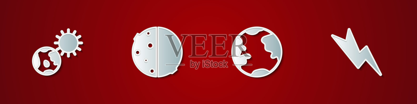 设置地球和太阳，日蚀，和闪电图标。向量插画图片素材