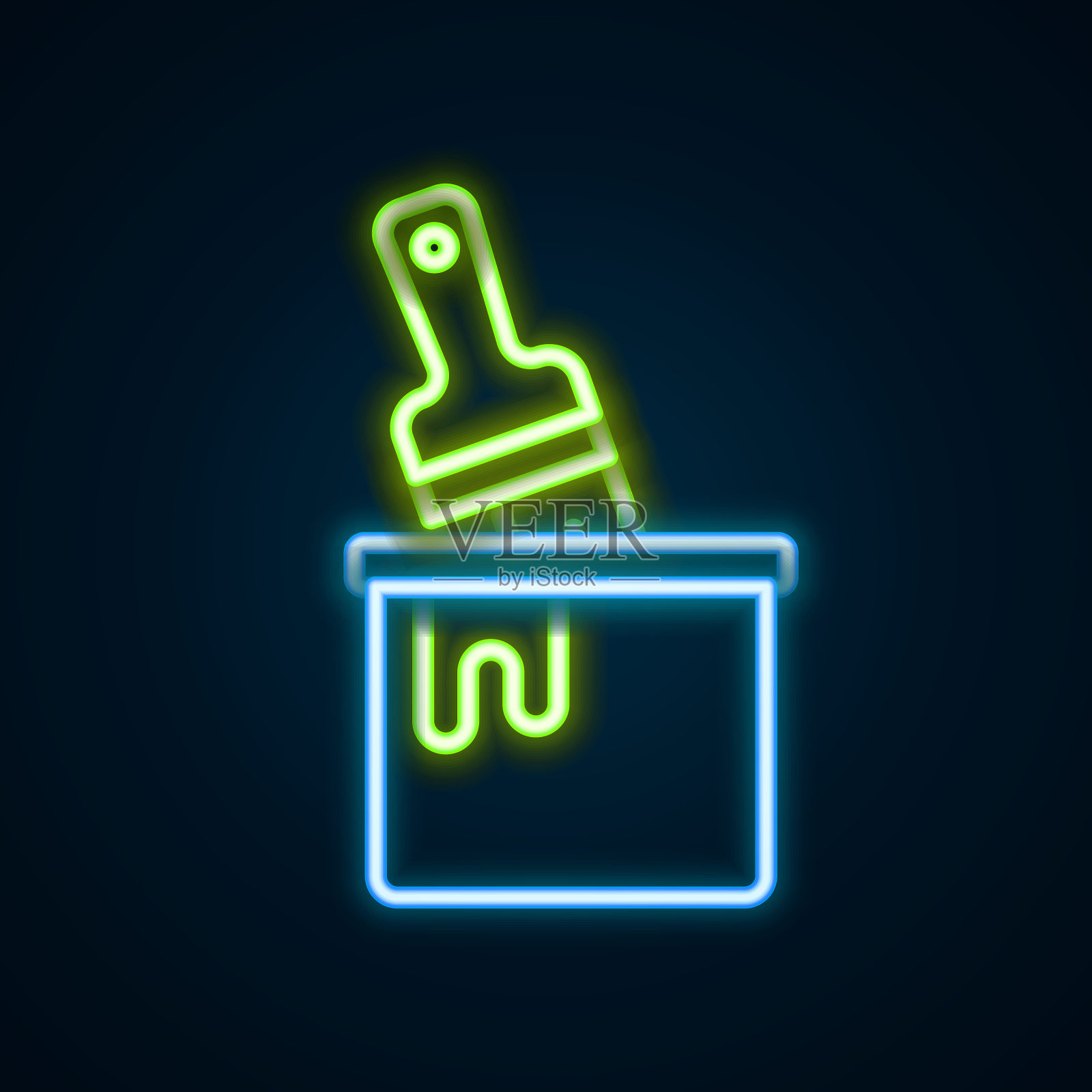 发光的霓虹线油漆桶与刷图标孤立的黑色背景。色彩缤纷的轮廓概念。向量插画图片素材