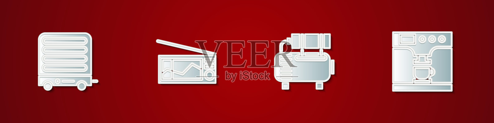 设置电加热器，收音机，空气压缩机和咖啡机和杯子图标。向量插画图片素材