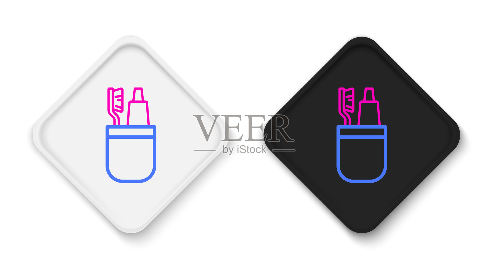 线牙刷和牙膏管图标隔离在白色背景。一次性浴室用品。色彩缤纷的轮廓概念。向量图标素材