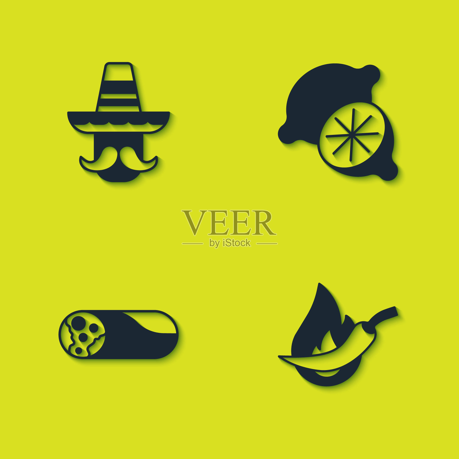 集墨西哥人宽边帽，辣椒荚，墨西哥卷饼和石灰图标。向量图标素材