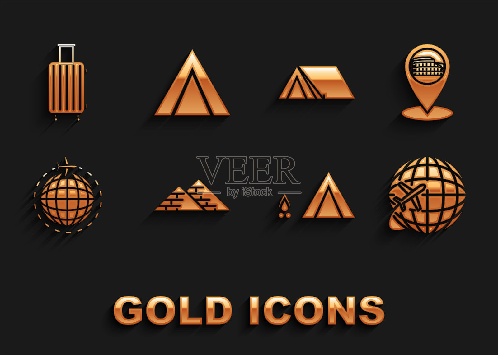 集埃及金字塔，地图指针与罗马竞技场，意大利，全球飞行飞机，旅游帐篷木材火，行李箱旅行和图标。向量图标素材