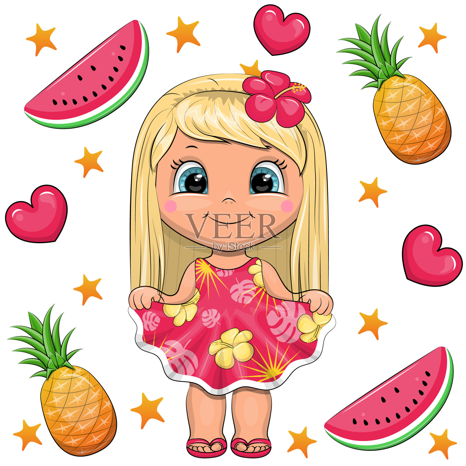 可爱的卡通金发女孩，穿着热带的花朵和衣服，周围是心形、水果和星星。插画图片素材