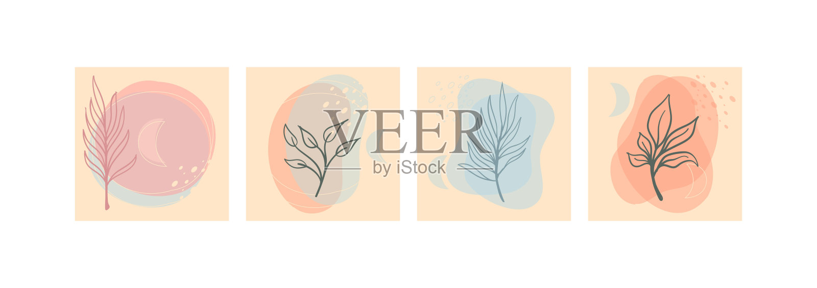 一组抽象的树叶墙艺术。树叶，有机形状，叶枝，树在矢量线艺术风格。室内、海报、封面、横幅的装饰收藏设计。插画图片素材