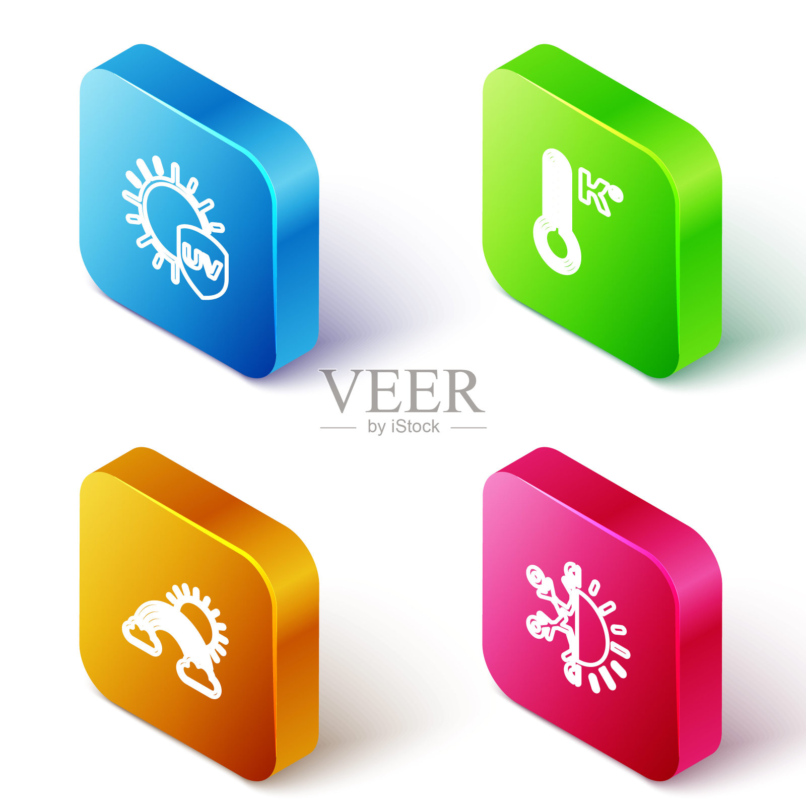 设置等距线紫外线防护，气象温度计，彩虹与云和太阳和太阳雪花图标。向量图标素材