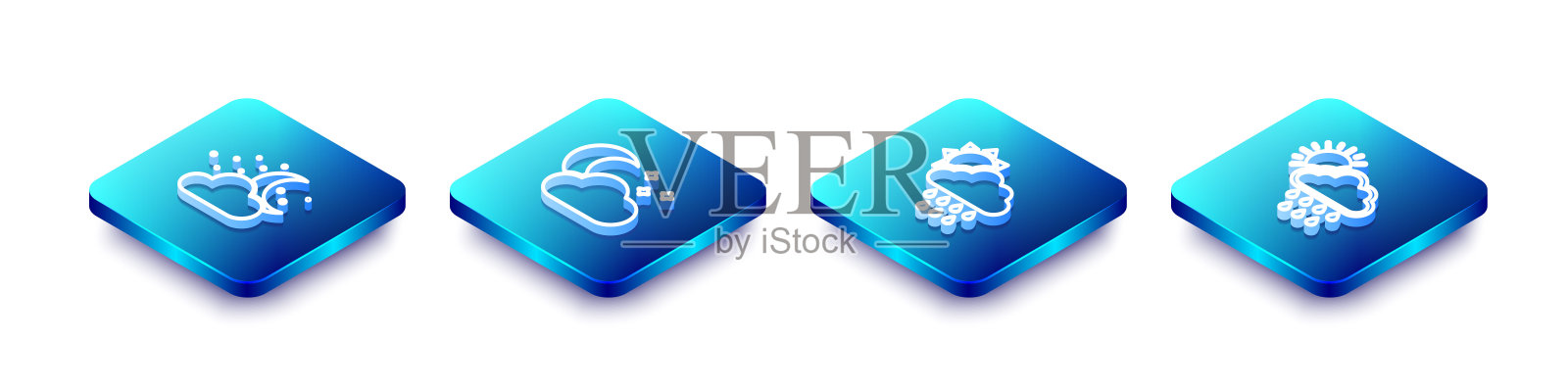 设置等距线云与月亮和星星，，雨太阳和图标。向量图标素材