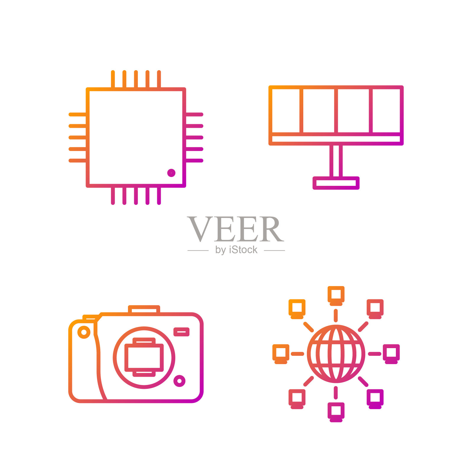 社交网络，无反光镜相机，微电路CPU处理器和太阳能板。渐变颜色图标。向量图标素材