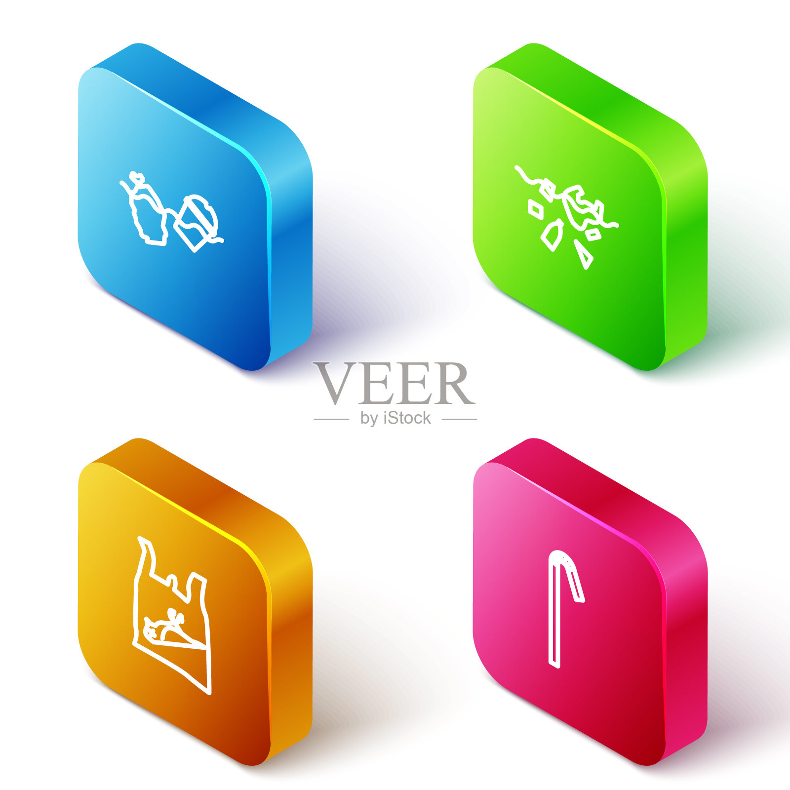 设置等距线海洋污染问题，地球，死鸟，塑料和吸管图标。向量图标素材