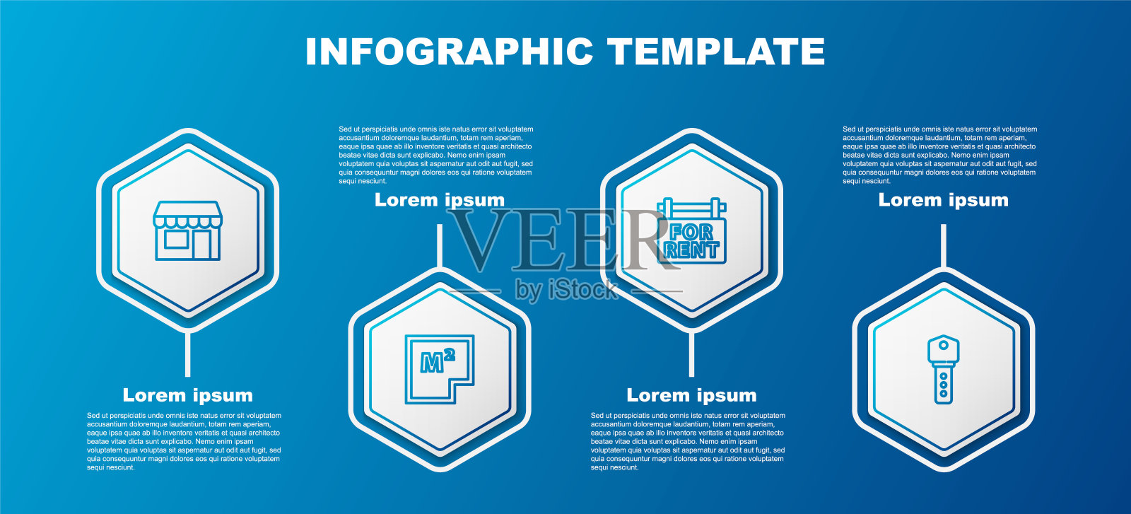 设置线市场商店，房屋平面图，悬挂标志，出租和钥匙。业务信息图表模板。向量设计模板素材