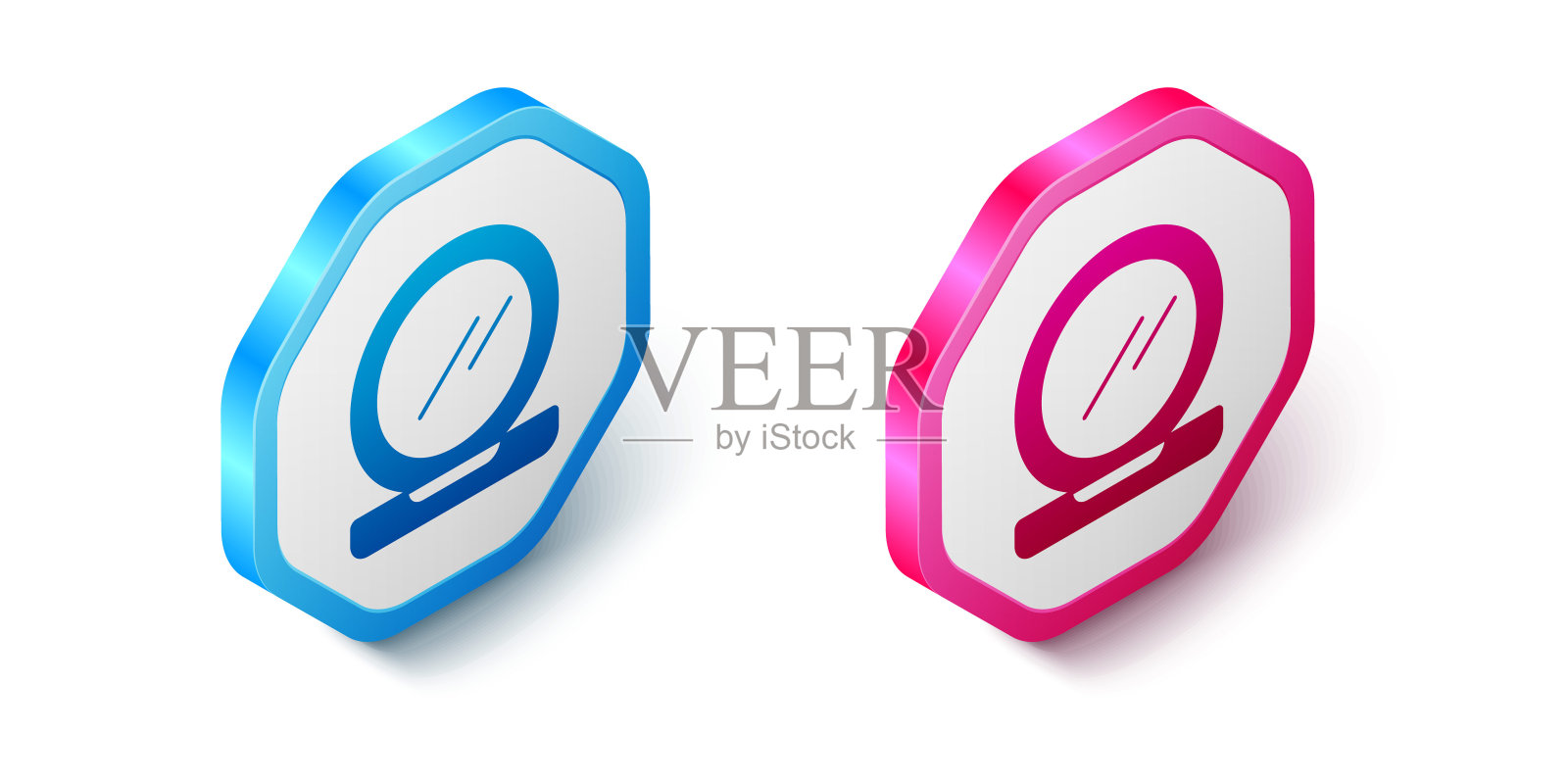 等距化妆粉与镜像图标隔离在白色背景。六角按钮。向量图标素材