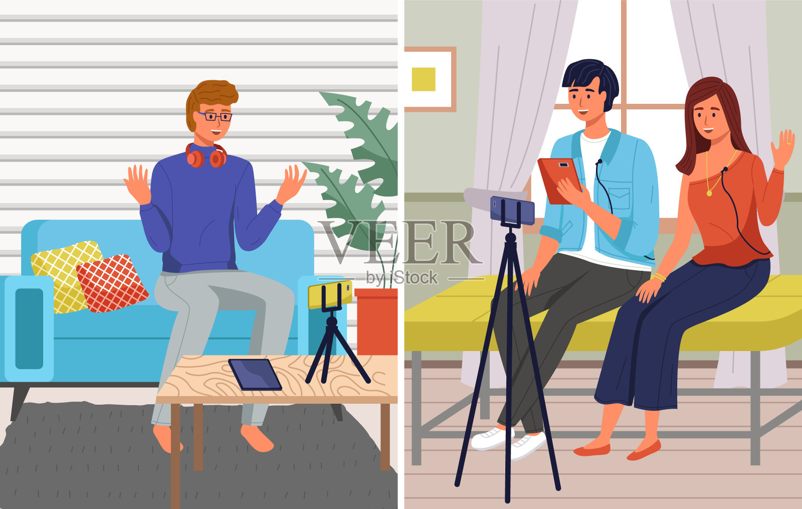 博主男女用智能手机为博客录制视频。视频通话播客概念插画图片素材