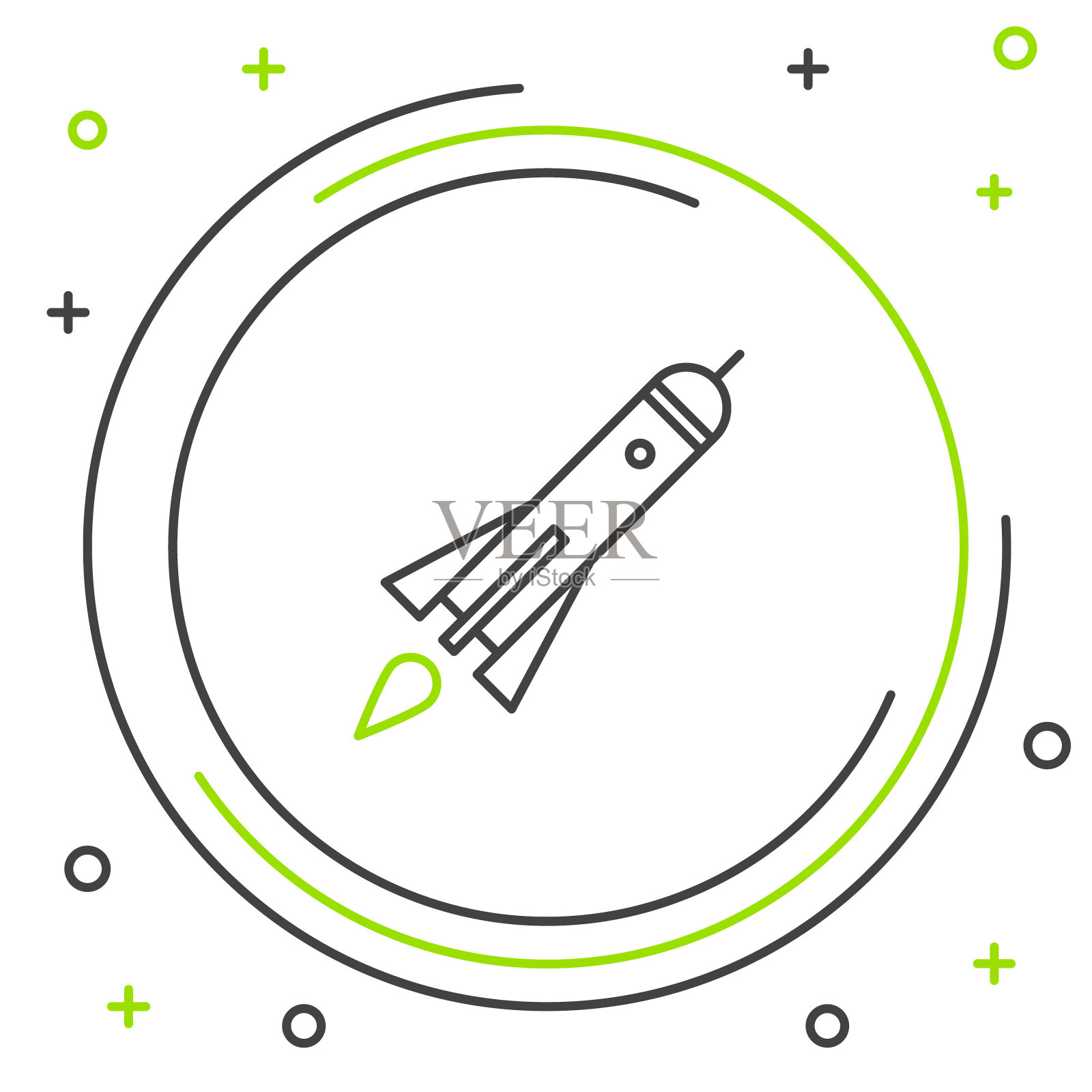 线火箭船与火图标孤立的白色背景。太空旅行。色彩缤纷的轮廓概念。向量插画图片素材