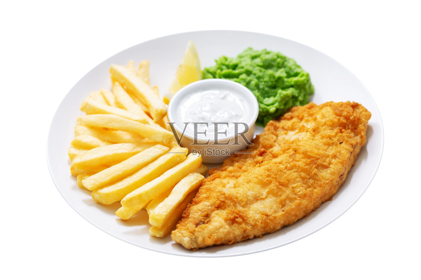 一盘白色背景的炸鱼薯条和炸薯条照片摄影图片