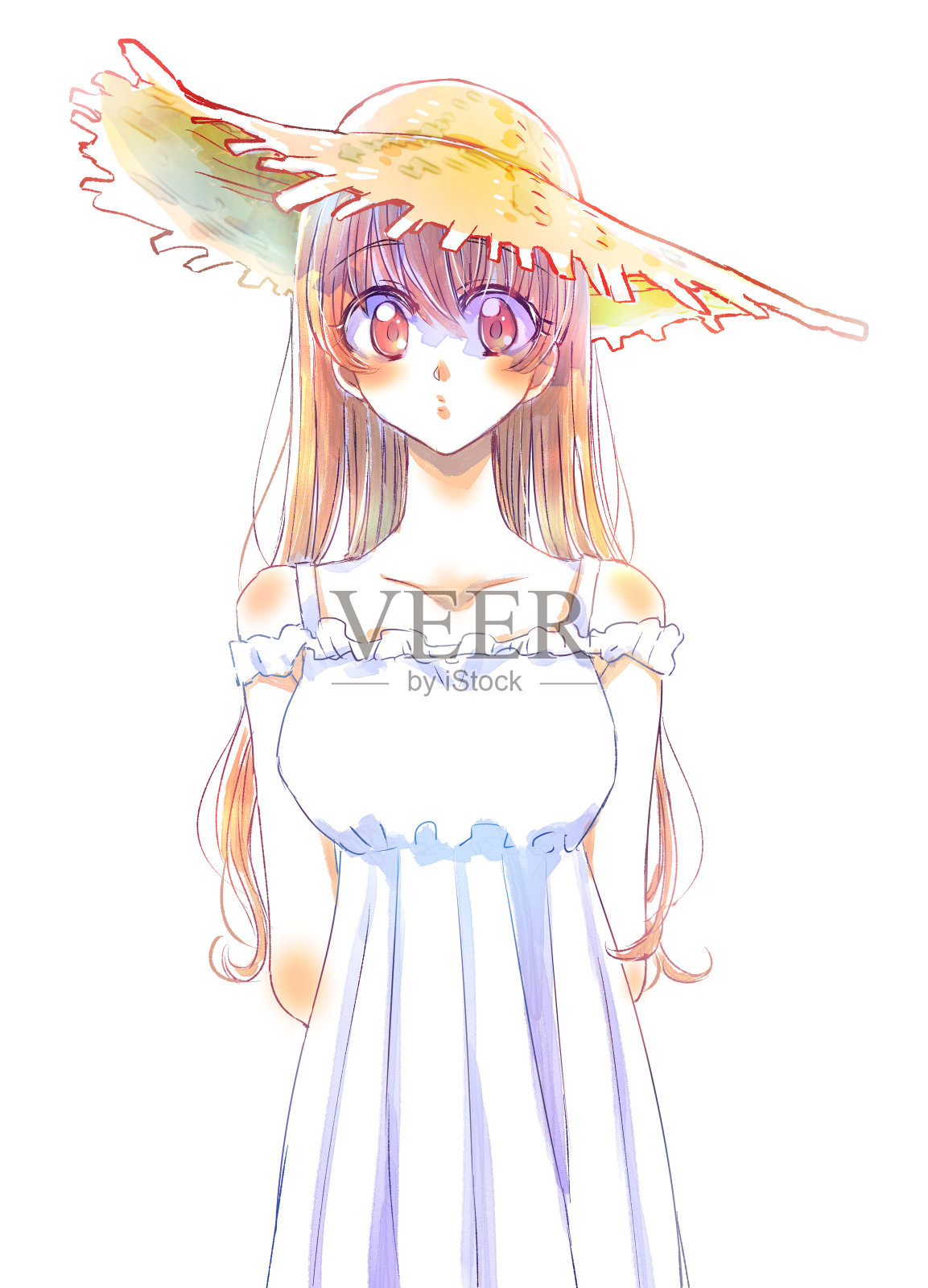 长发女孩戴着草帽插画图片素材