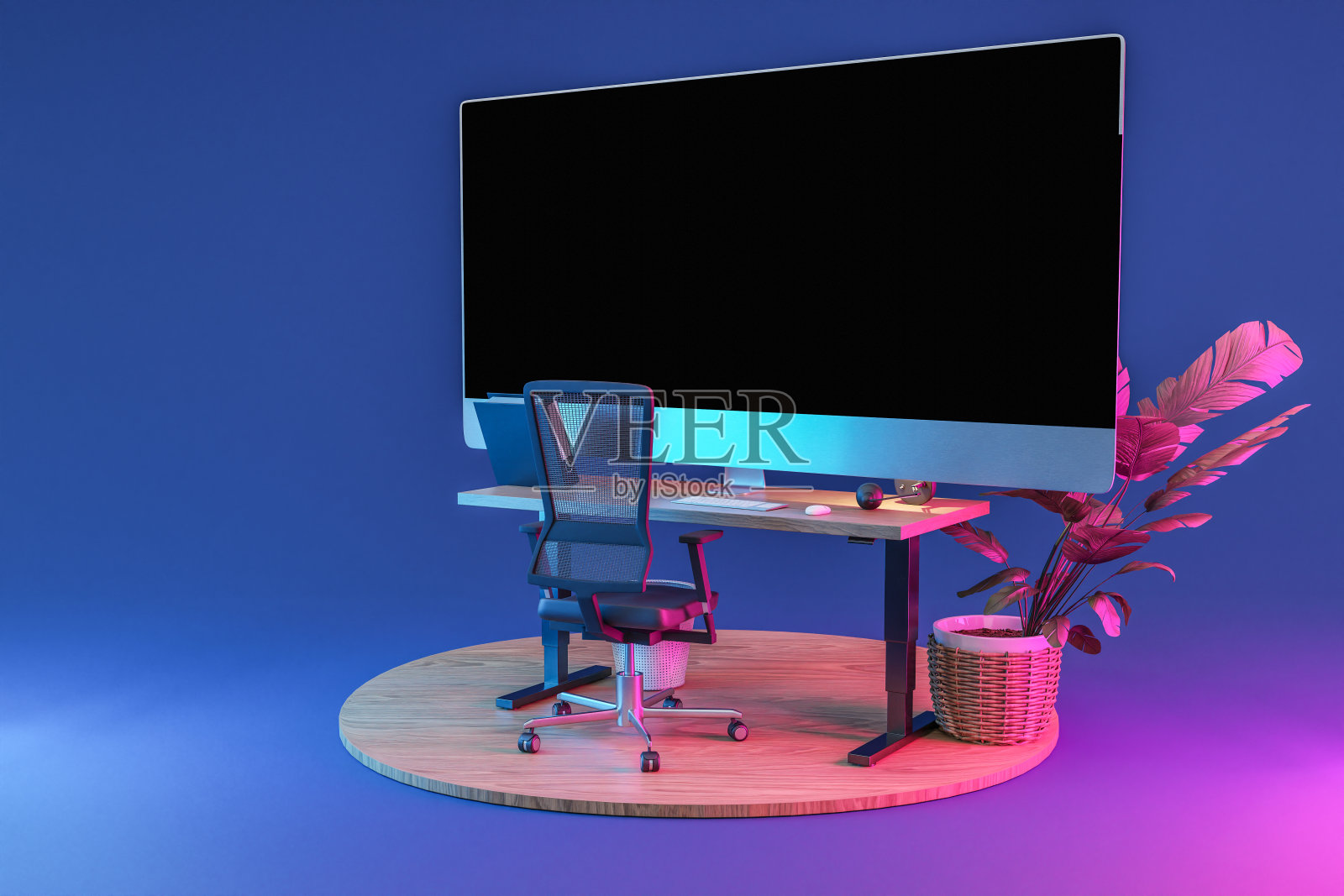 木制平台上的单个孤立的计算机工作空间，配有巨大的宽屏显示器;自由职业者和家庭办公室的概念;三维演示照片摄影图片