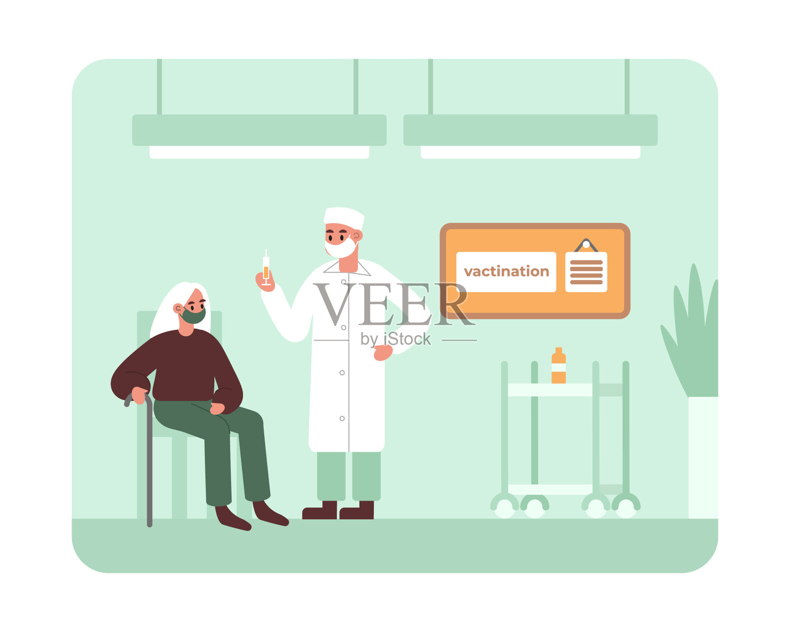 医生手持注射器在医务室为老年妇女接种疫苗插画图片素材