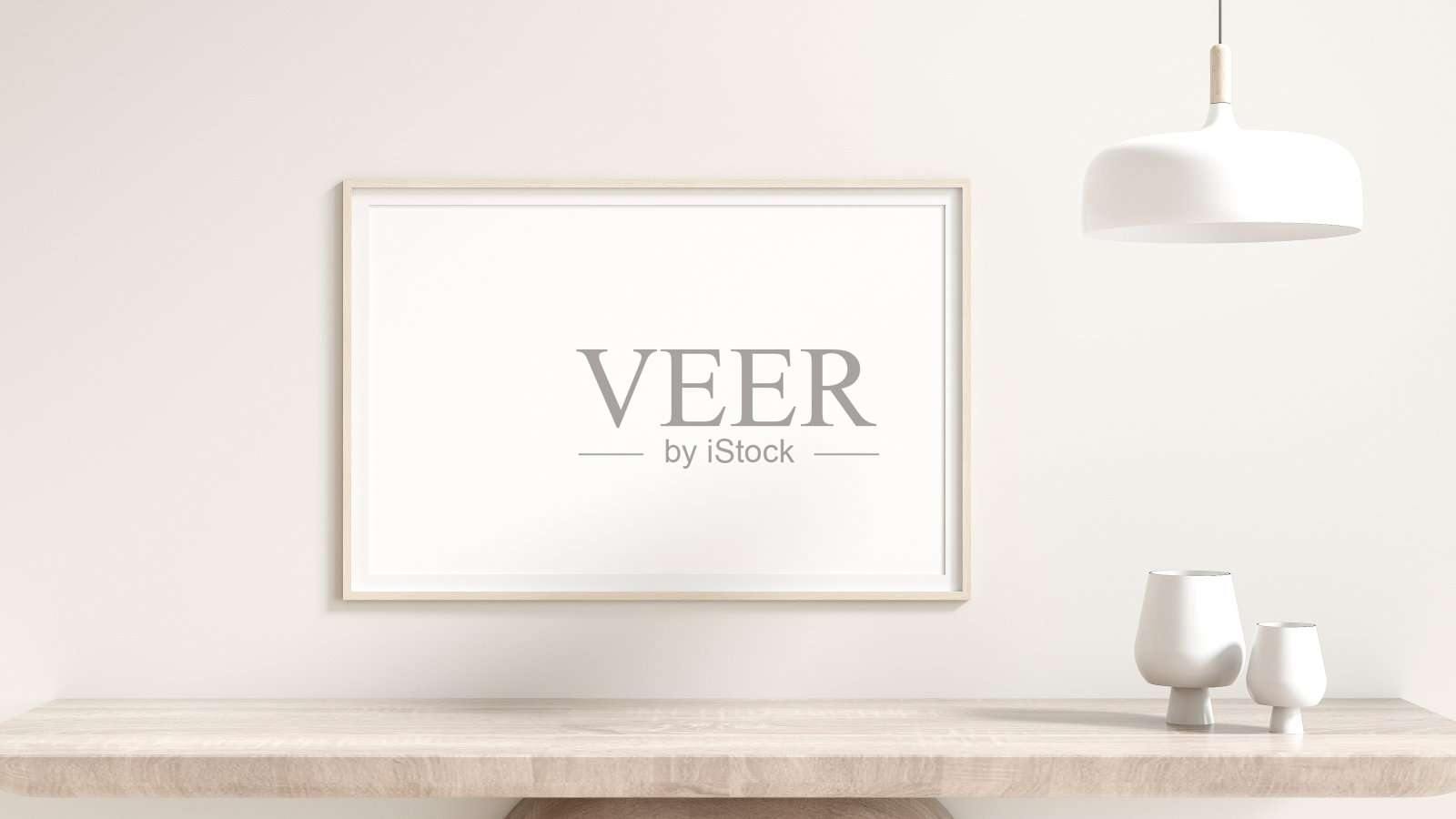 空白的木制海报框架模型。摆放在木制橱柜上的家具。花瓶和台灯。白色的房间背景，奶油色，以及从窗户射进来的自然光。三维渲染照片摄影图片