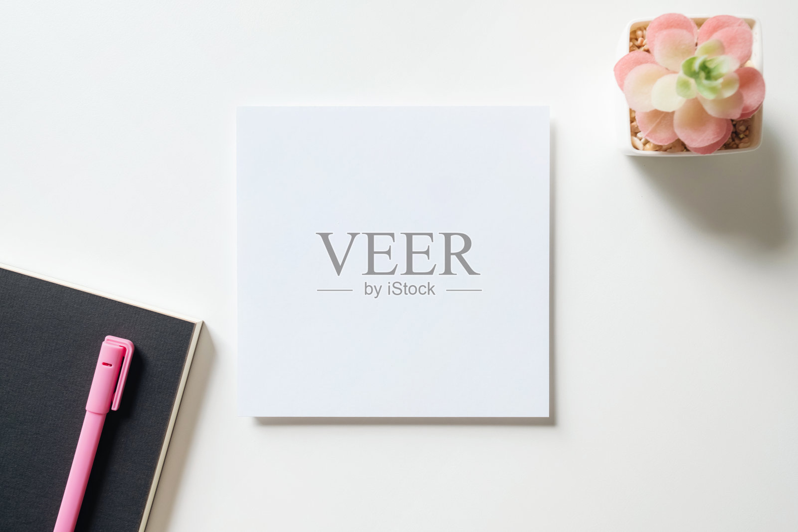 工作空间与空贺卡，笔和仙人掌在白色背景。照片摄影图片