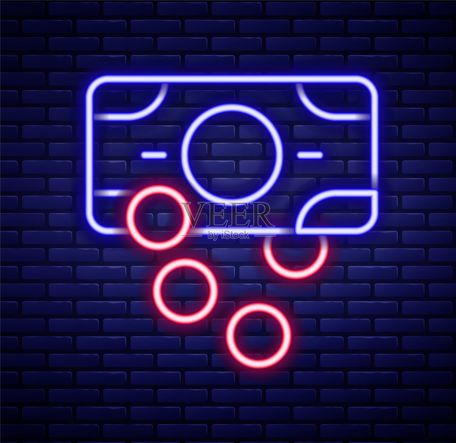 发光的霓虹灯线堆纸币现金图标孤立的砖墙背景。钞票成堆。比尔的货币。色彩缤纷的轮廓概念。向量插画图片素材