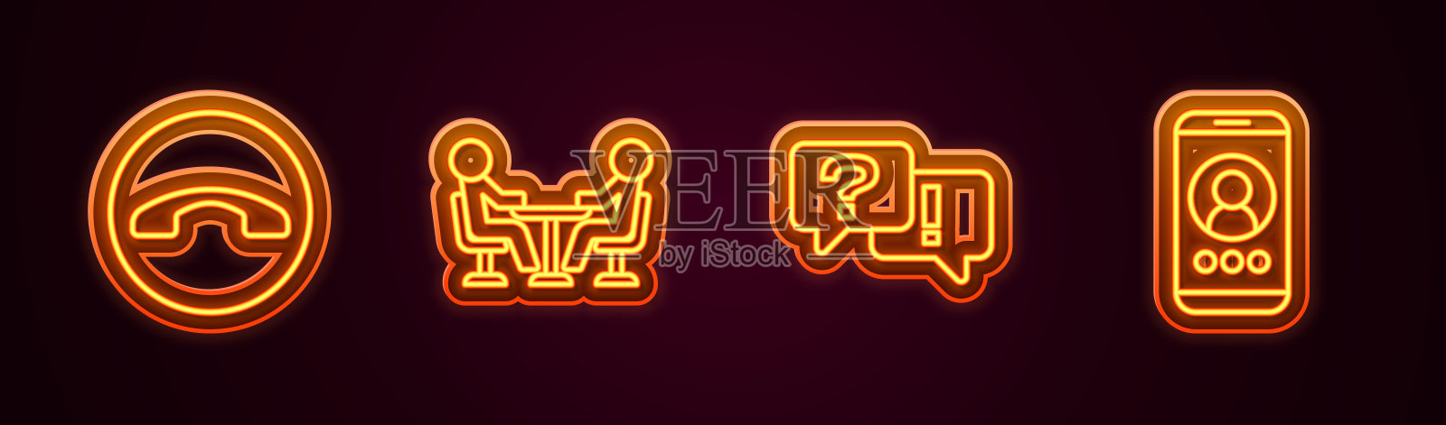 设置线路电话听筒、会议、问答和视频聊天会议。发光的霓虹灯图标。向量插画图片素材