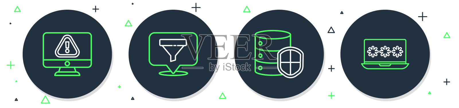 设置线位置与销售漏斗，服务器屏蔽，监视器感叹号和笔记本电脑密码图标。向量插画图片素材