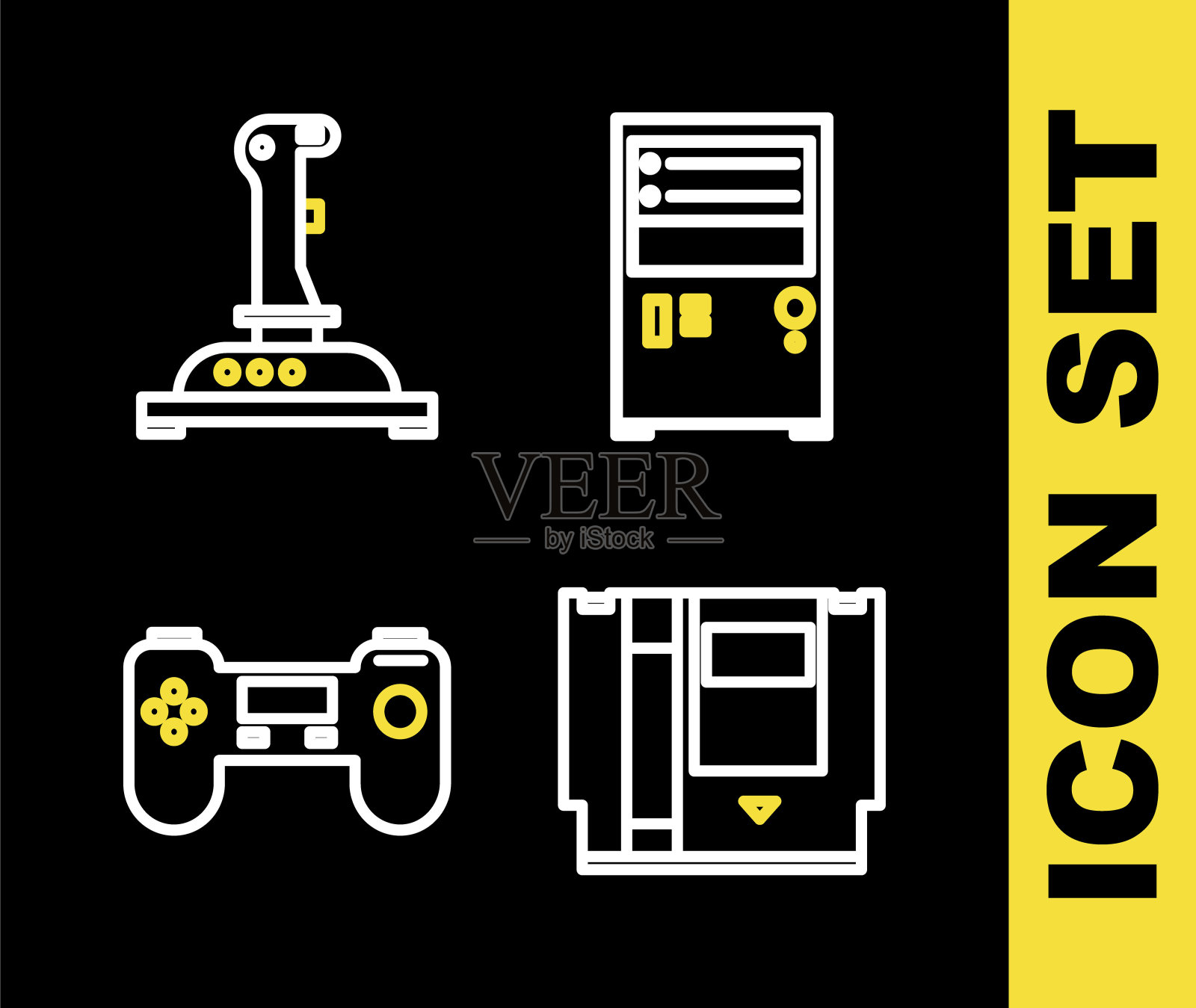 设置线计算机，墨盒，手柄和摇杆的街机图标。向量图标素材