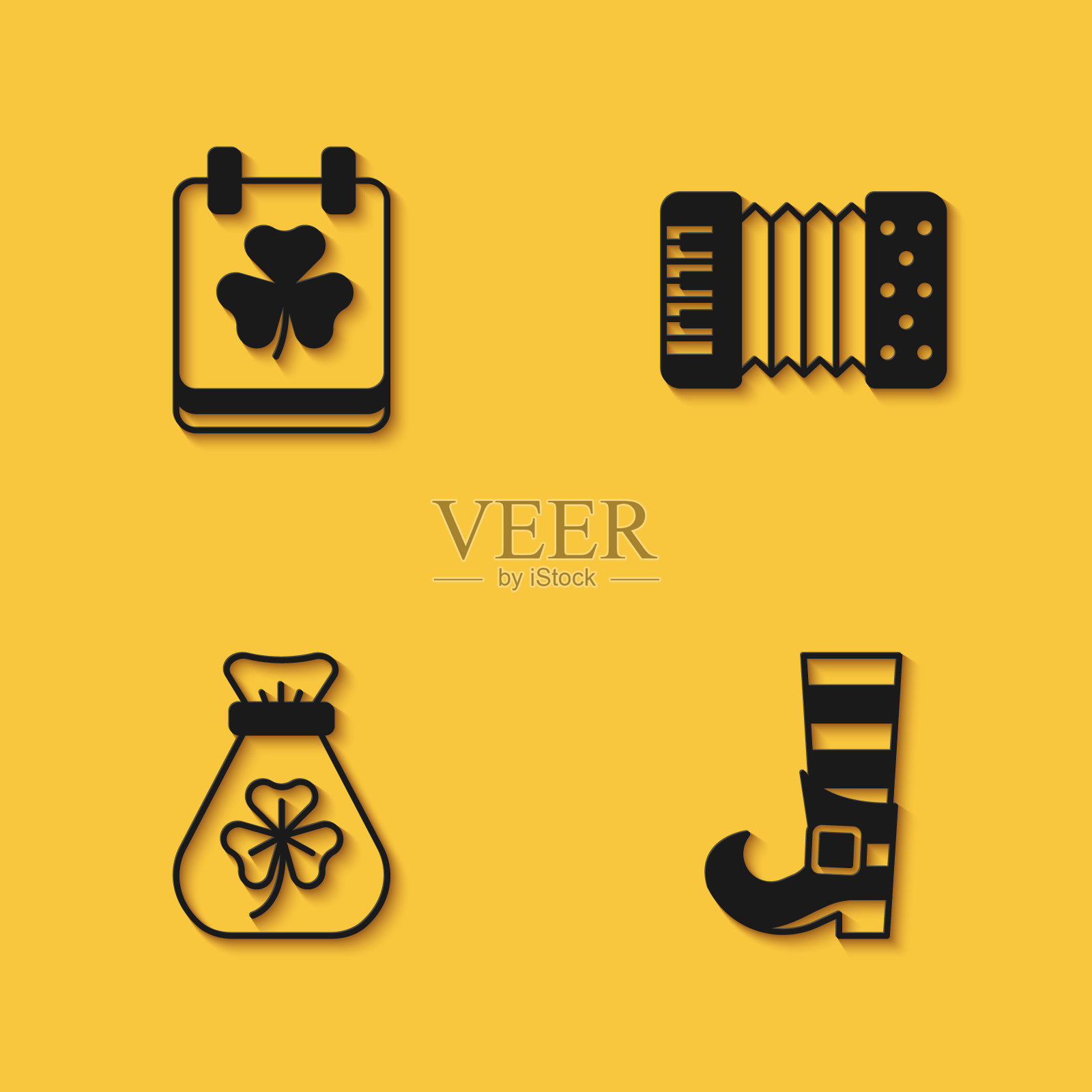 集圣帕特里克日日历，小妖精靴子，钱袋三叶草和手风琴图标与长阴影。向量图标素材