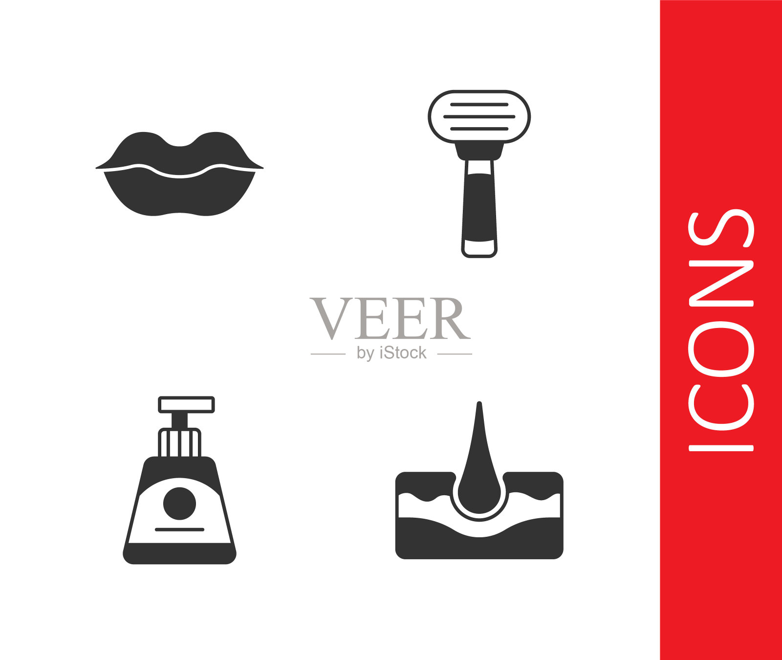 设置人的毛囊，微笑的嘴唇，霜或乳液化妆品管和剃须剃刀图标。向量图标素材