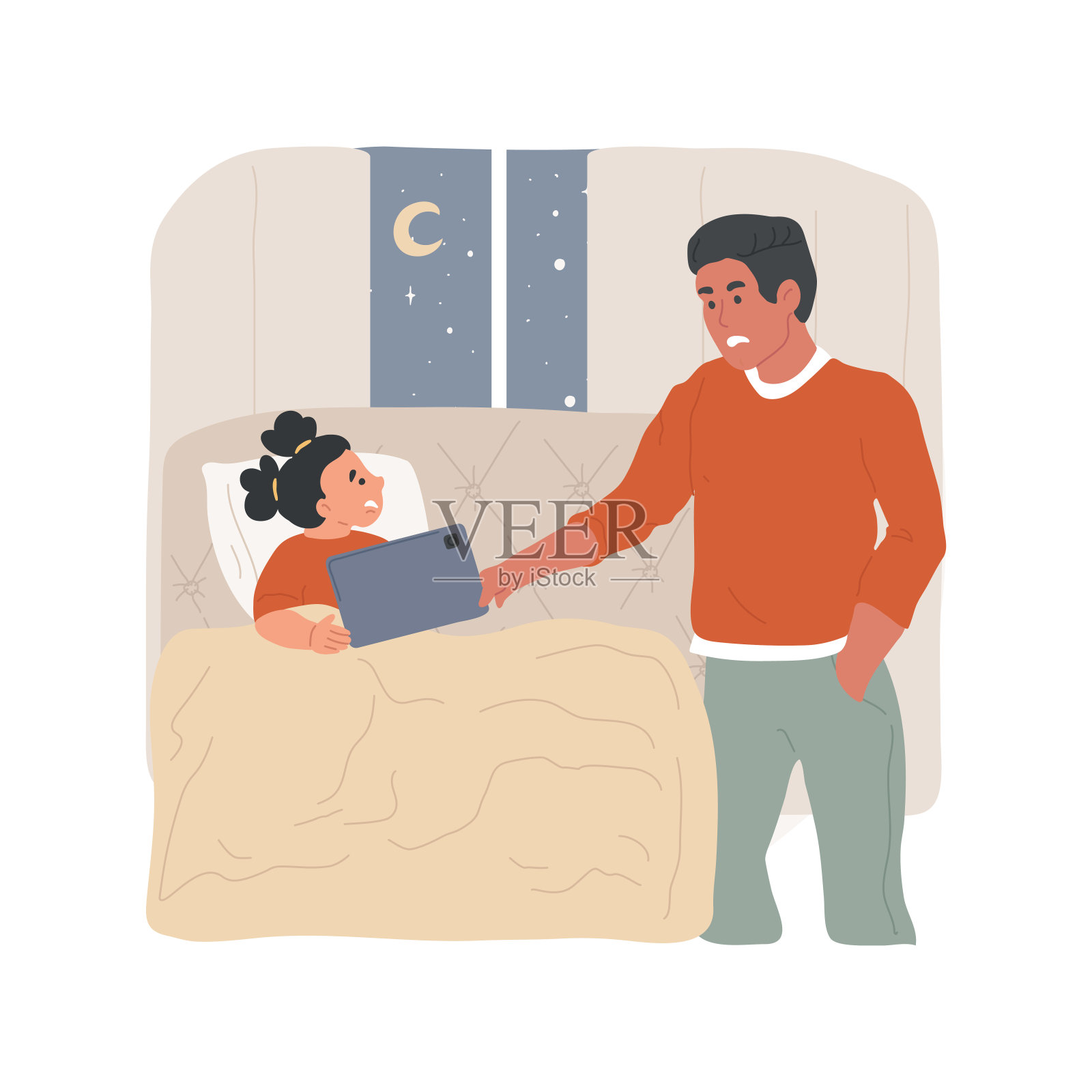 睡前无电子设备隔离的卡通矢量插图。插画图片素材